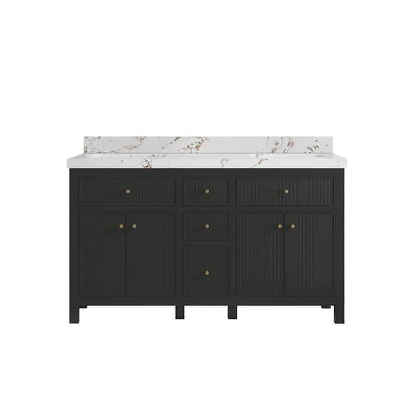 Willow Collections Sonoma 60 in. Double Sink Freestanding Black Top Bath Vanity with Viola Brown Quartz Top Unassembled