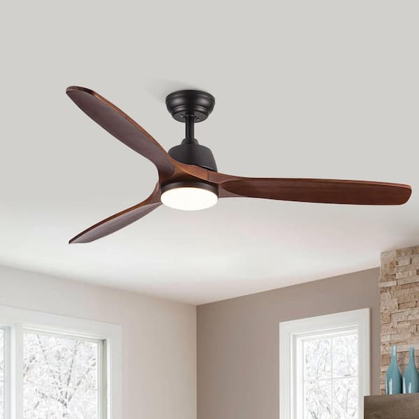 Farmhouse 52 in. Indoor Downrod Mounted Modern Black Ceiling Fans With Lights, 5 Brown Solid Wood Blades and Remote