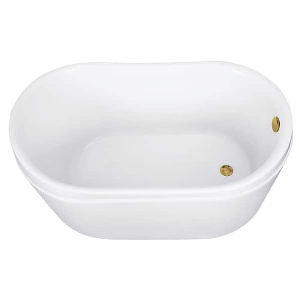 Aqua Eden 52 in. x 30 in. Acrylic Flatbottom Freestanding Soaking Bathtub in White/Brushed Brass with Drain