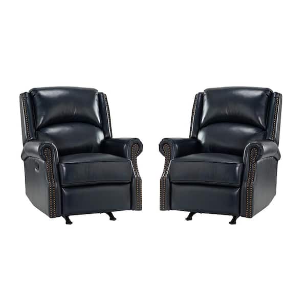 ARTFUL LIVING DESIGN Torivio 32.67 in. Wide Navy Genuine Leather Manual Rocker Recliner with Rolled Arms(Set of 2)