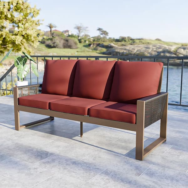 Wood Outdoor 3-Seat Loveseat Sofa Couch Patio Conversation Set with Deep Seating and Red Cushions