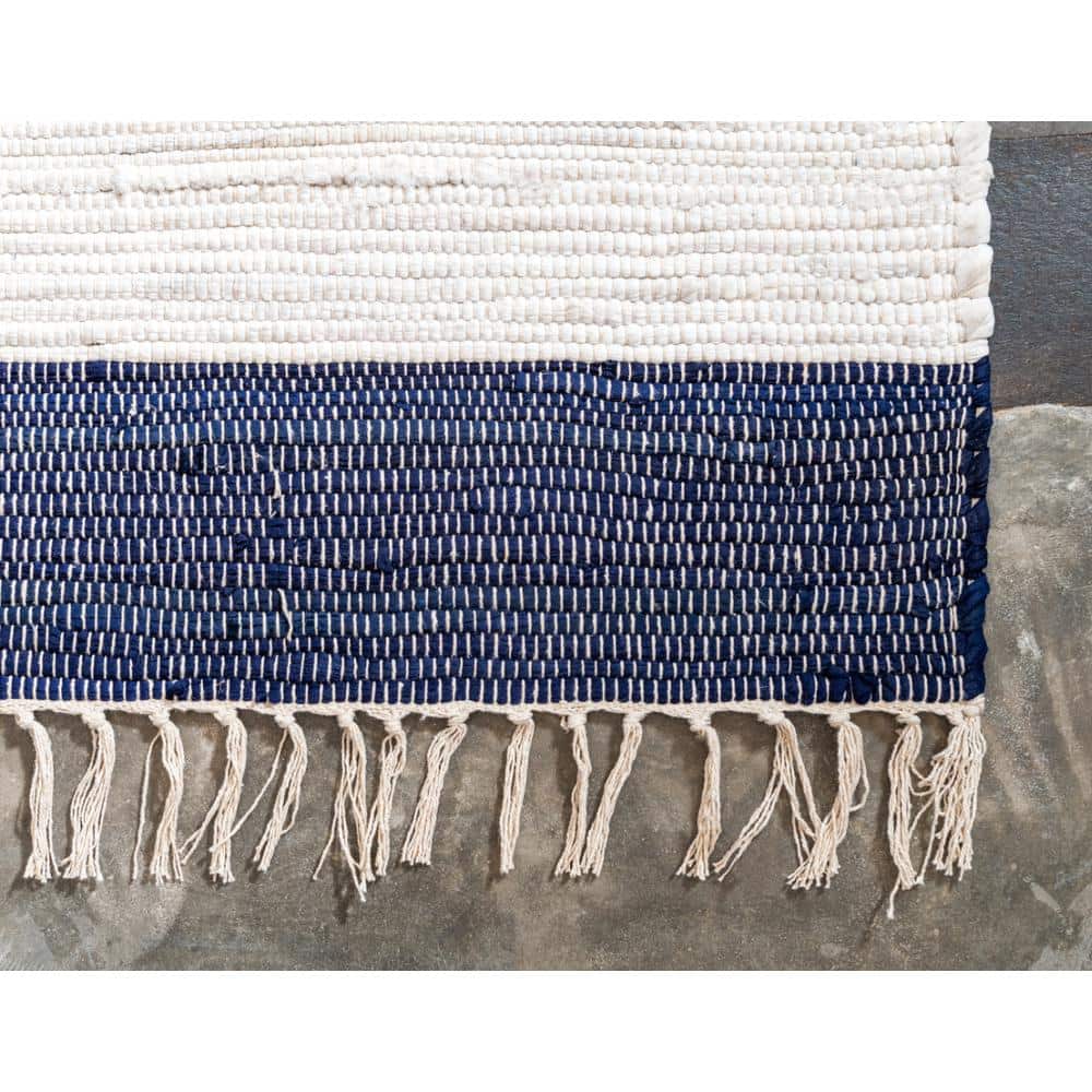 Handmade Navy Blue Rectangular Braided Stripe Rug