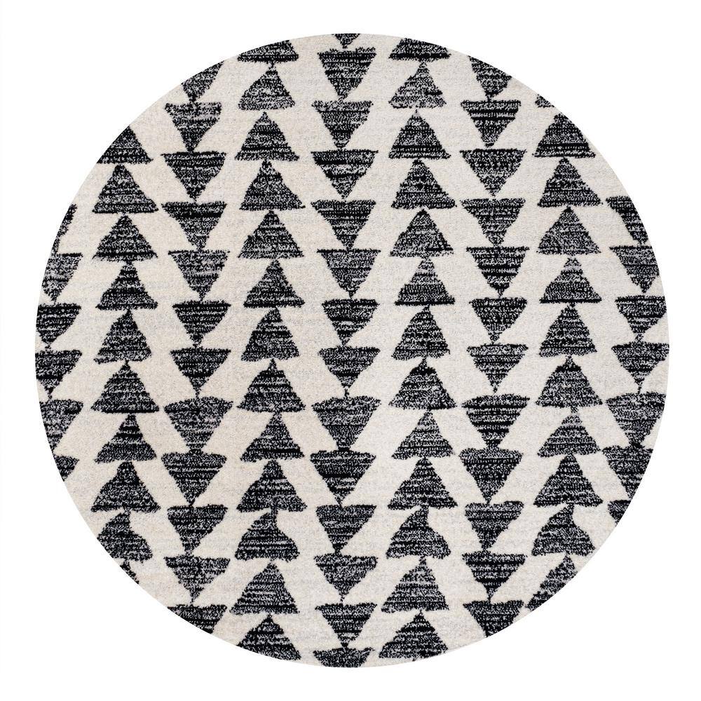 Aisha 5'3" Round Cream and Black Geometric Synthetic Rug