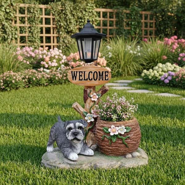 Schnauzer Dog Solar Planter Garden Statue, Resin Outdoor Decor
