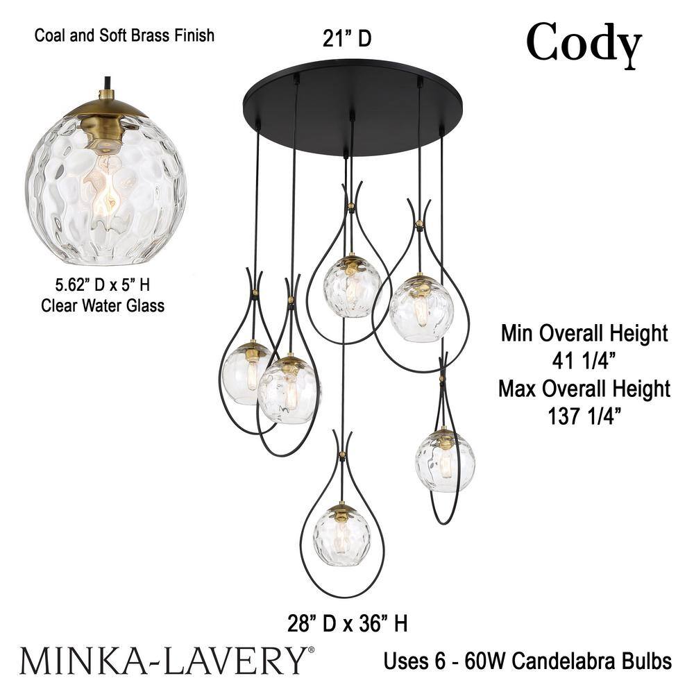 Cody Coal & Soft Brass 6-Light Globe Pendant with Clear Water Glass