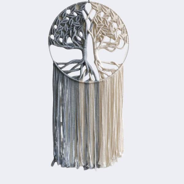 Tree of Life Macrame Wall Hanging, 31.5 in. x 13 in.-Grey & White Cotton Boho Wall Art Decor