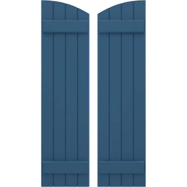Ekena Millwork 14 in. W x 33 in. H Americraft Exterior Real Wood Joined Board and Batten Shutters with Elliptical Top in Sojourn Blue