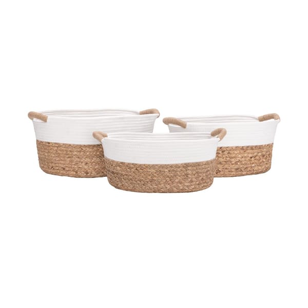Seville Classics 3-Piece Assorted White & Natural Water Hyacinth & Rope Handwoven Basket Set,18in. W x 12.5in. D x 8in.H