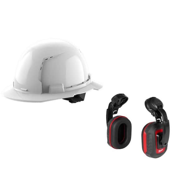 BOLT Earmuffs with Noise Reduction Rating of 24 dB with BOLT White Type 1 Class C Full Brim Vented Hard Hat