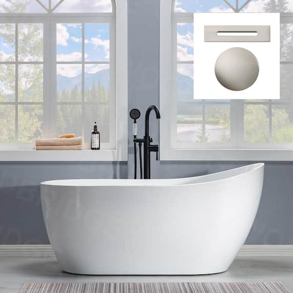 WOODBRIDGE Jonzac 59 in. Acrylic FlatBottom Single Slipper Bathtub with Polished Chrome Overflow and Drain Included in White