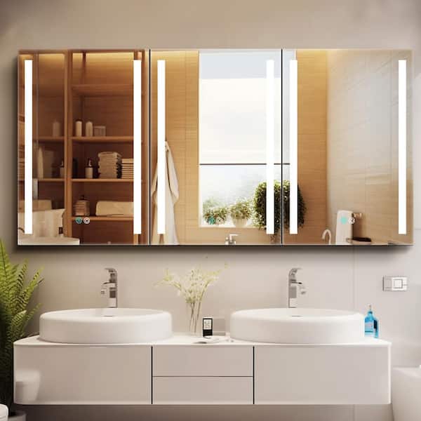 HBEZON Phoebe 60 in. W x 30 in. H Rectangular Aluminum LED Defogging Medicine Cabinet with Mirror