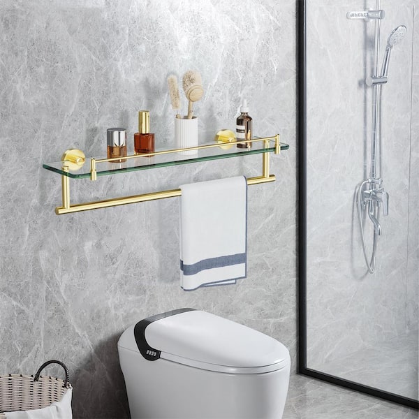 20 in. Wall Mounted Tempered Glass Bathroom Shelf with Towel Bar in Brushed Gold, Stainless Steel Tower Holder