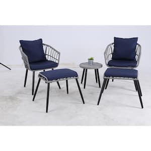 Gray 5-Piece Wicker Outdoor Bistro Set with Wooden Table and Blue Cushion