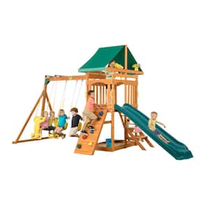 Sky View Complete Wooden Playset with Rock Wall, Swings, Slide and Swing Set Accessories