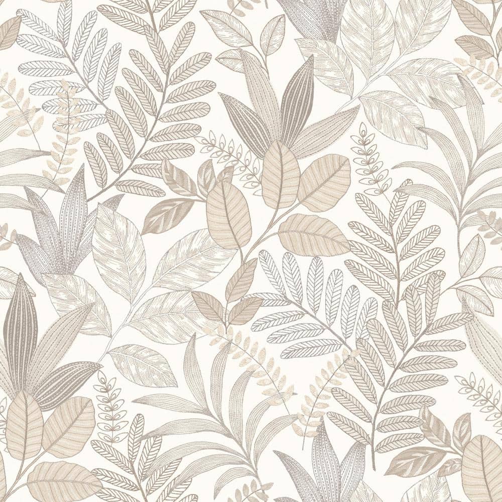 White and Beige Minimalist Leaves Tropical Wallpaper, Double Roll