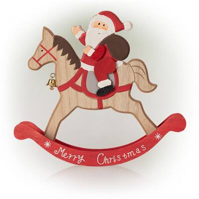 9 in. H Wooden Christmas Santa Rocking Horse Tabletop Decoration