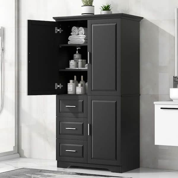 33 in. W x 20 in. D x 62 in. H Black Wooden Freestanding Storage Cabinet, Linen Cabinet with 3-Drawers, Bathroom/Office