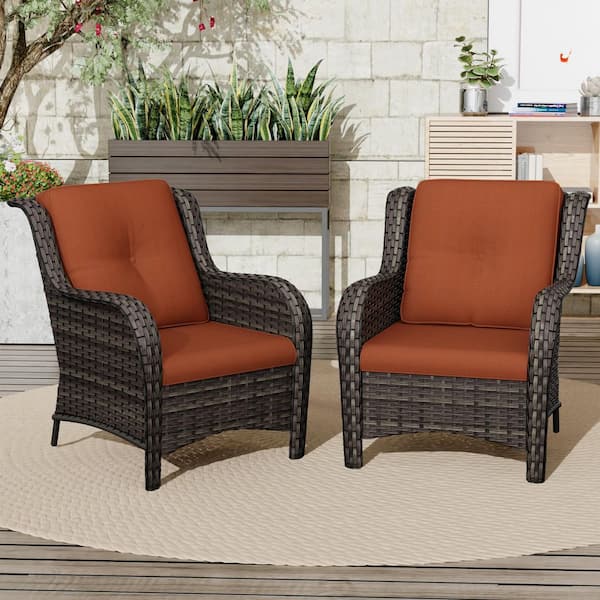 Ergonomic Arm 2-Piece Patio Wicker Outdoor Lounge Chair with Thick Orange Cushions