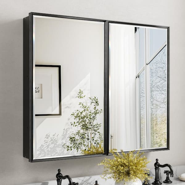 Musey 40 in W x 30 in H Black Rectangular Aluminum Medicine Cabinet with Beveled Mirror and Shelves, Recessed or Surface