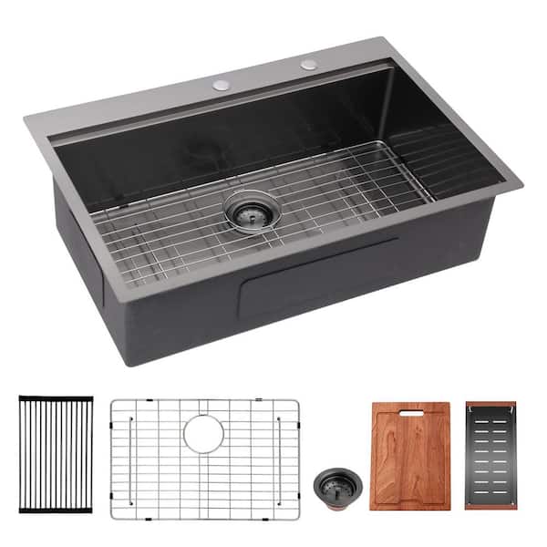 33 in. Drop in Gunmetal Black Single Bowl 16 Gauge Stainless Steel Workstation Kitchen Sink with and Strainer