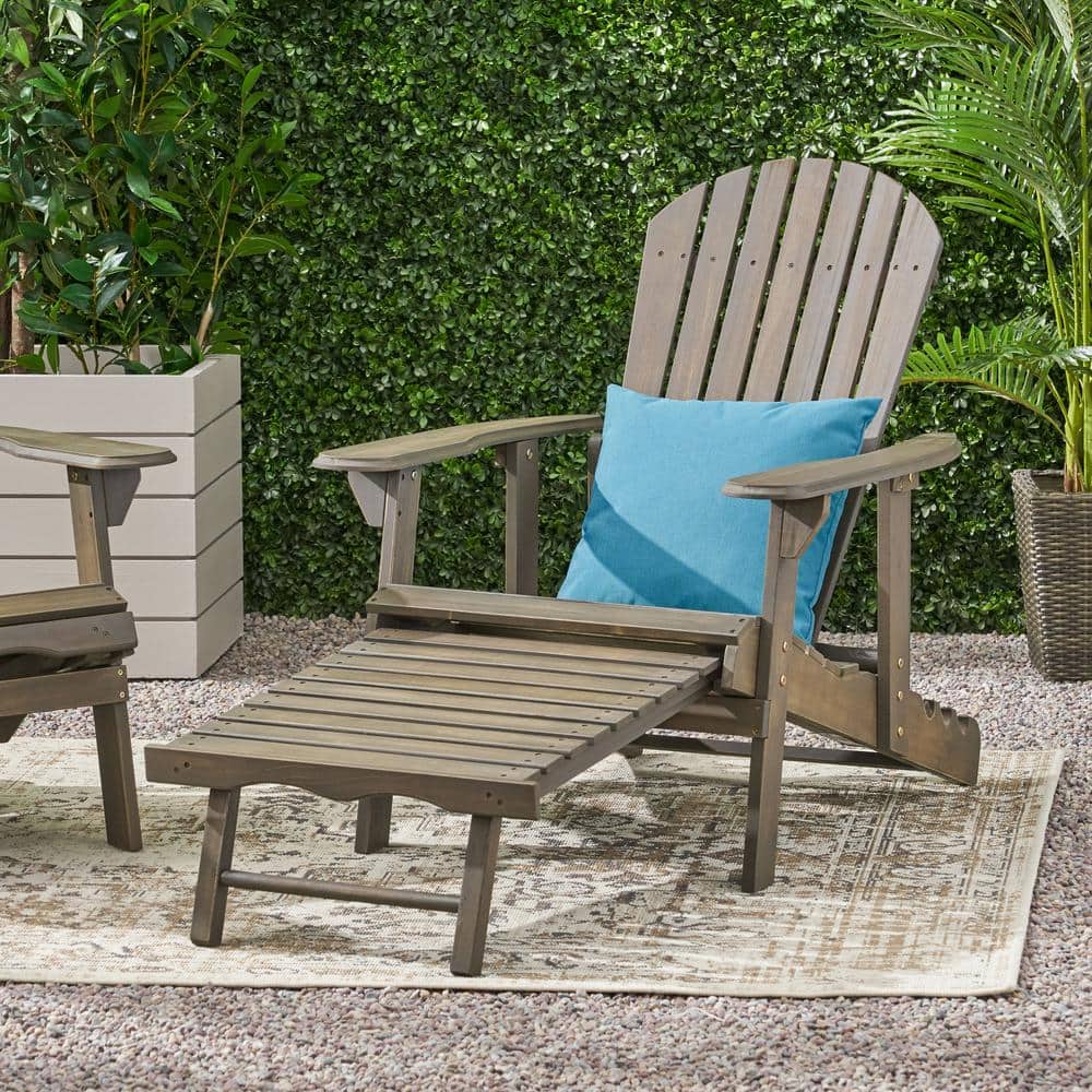 Gray Outdoor Reclining Acacia Wood Adirondack Chair, Wide Arm Rests, Built-
