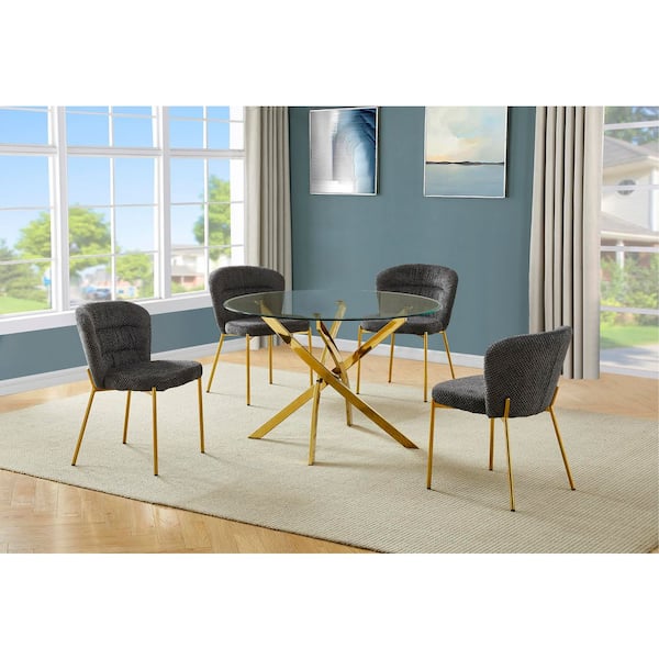 Best Quality Furniture Poly 5-Piece Clear Tempered Glass Top with Gold Chrome Base Dining Set with 4 Dark Grey Chairs