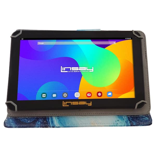 LINSAY 10.1 in. High End Octa Core Tablet 128GB Android 13 with Ocean Marble Protective Case