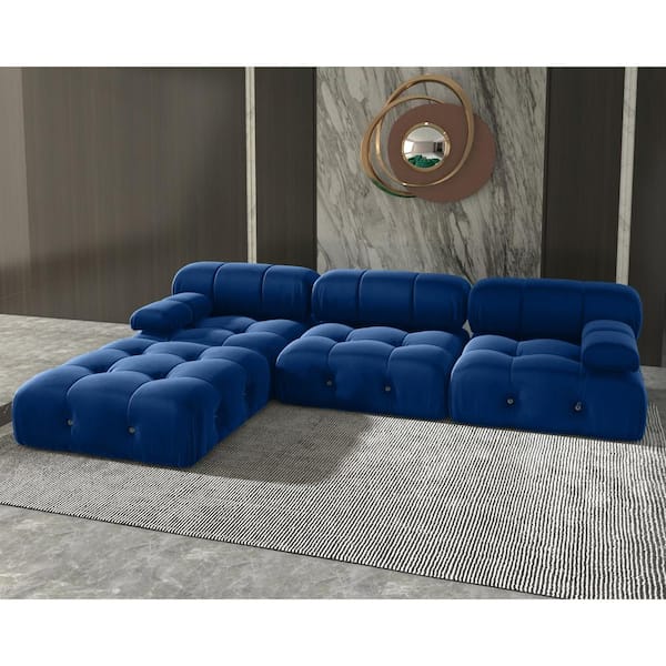 103.8 in. Square Arm Velvet 4-Piece L Shaped Modular Free Combination Sectional Sofa with Ottoman in. Blue