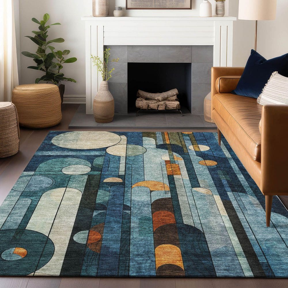 Blue Geometric Synthetic Washable Rectangular Area Rug