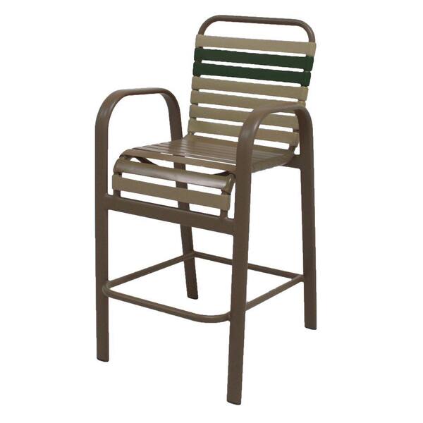 Unbranded Marco Island Brownstone Commercial Grade Aluminum Bar Height Patio Dining Chair with Putty and Green Vinyl Straps