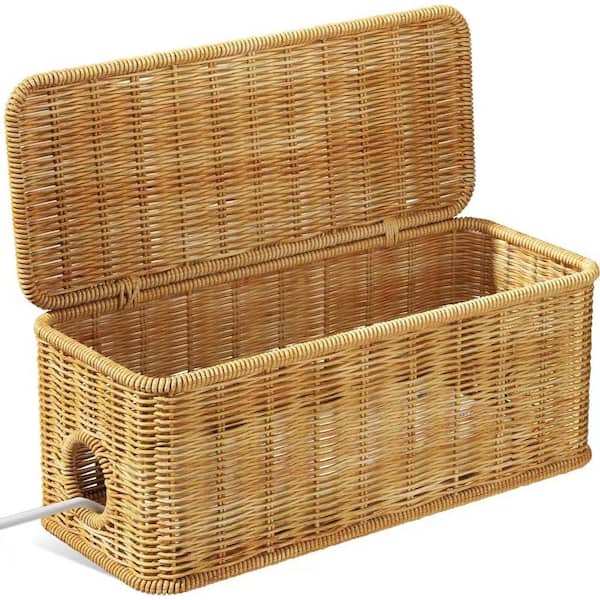 Cable Management Box, 2 0.51 ft. Open Slots Cord Organizer Hider Box with Handwoven (Light Brown)