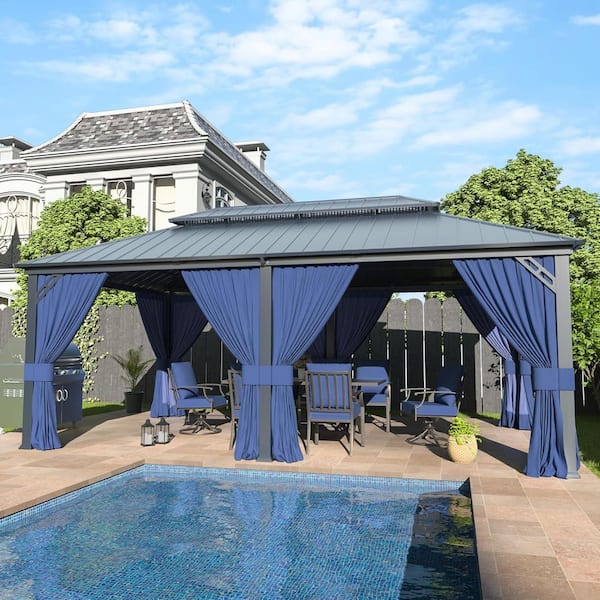 12 ft. x 20 ft. Grey Metal Hardtop Gazebo with Double Roof Pergola, Netting and Curtain Navy, Garden, Patio