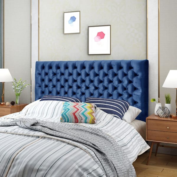 Harper & Bright Designs Navy Blue Queen Size Solid Wood Tufted Velvet Upholstered Adjustable Height Headboard with Metal Legs