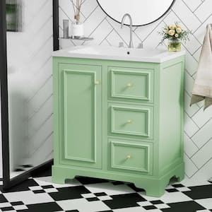 30 in. W Freestanding Bath Vanity in Green with White ceramic basin Top, 3-drawers and adjustable shelves