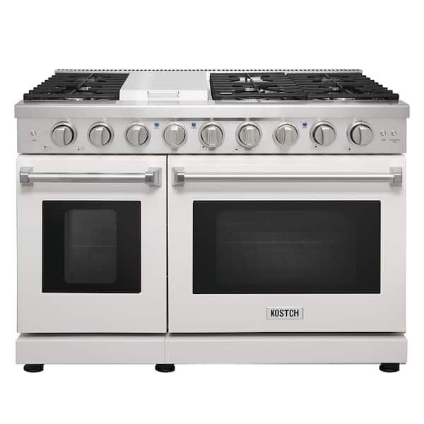 Propane 48 in. 6.8 cu. ft. 6 Burners Freestanding Double Oven Gas Range in Stainless Steel w/ Griddle & White Oven Door