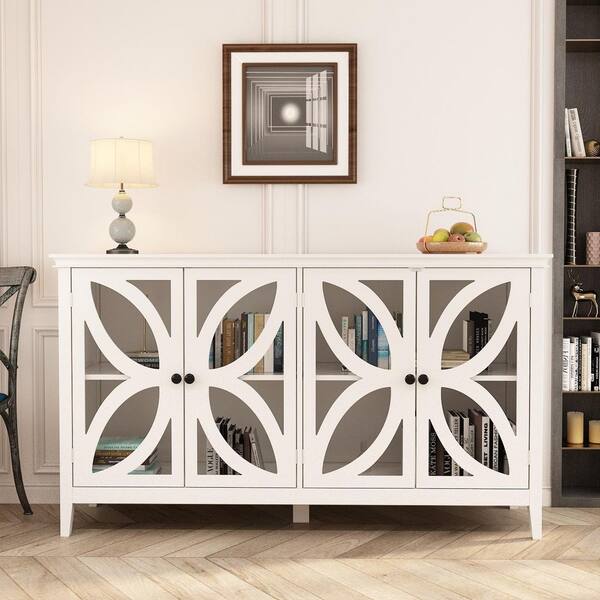 FUFU&GAGA White Wooden Accent Storage Cabinet with 4 Doors, 55.2" W x15.7" D x31.7" H