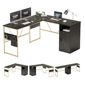 60 in. L shaped Black Wood Desk with Cabinet and Hooks