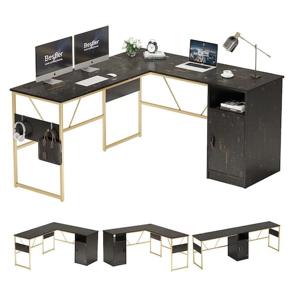 Bestier 60 in. L shaped Black Wood Desk with Cabinet and Hooks