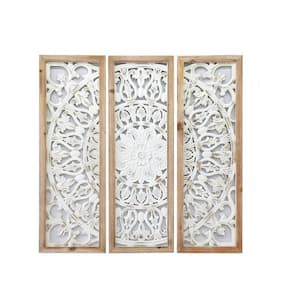 White Carved Wood Wall Decor, Floral-Patterned Wooden Panels (Set of 3) Wall Art, Decorative Carved Wall Sculpture