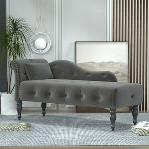 Gray Velvet Right Arm Chaise Lounge with Button Tufted