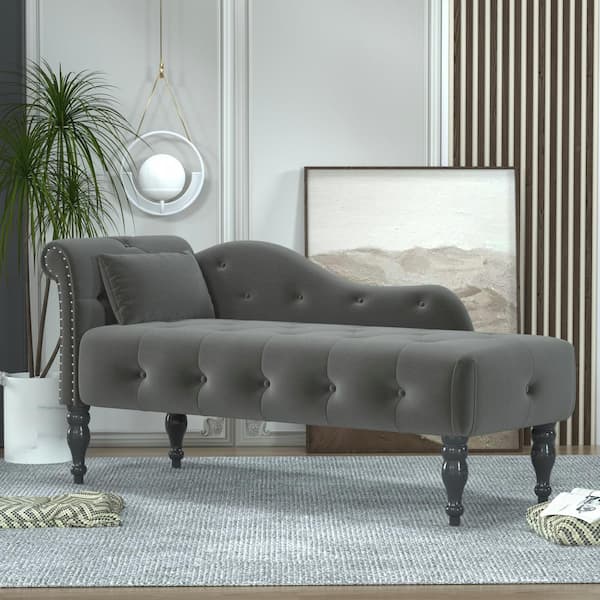 Gray Velvet Right Arm Chaise Lounge with Button Tufted