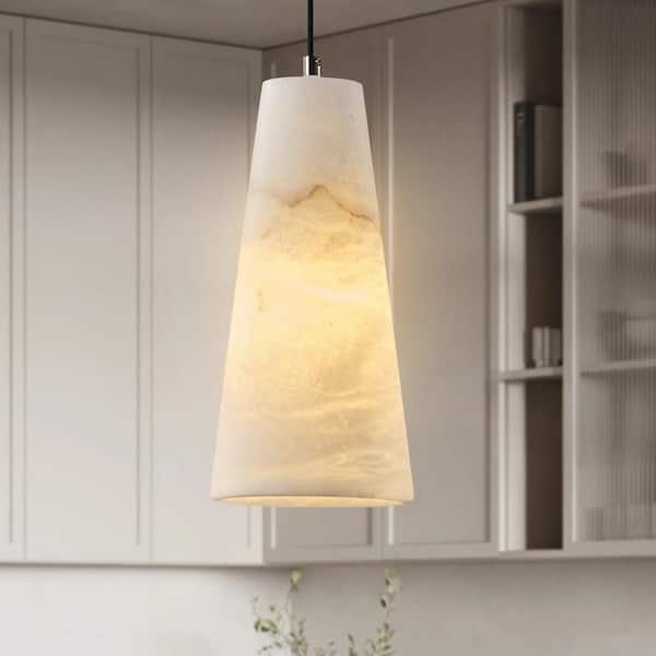 YUYI 1-Light Black Pendant Light, Conical Natural Alabaster Shade Pendant Light for Dining Room, Kitchen Island Bulb Included