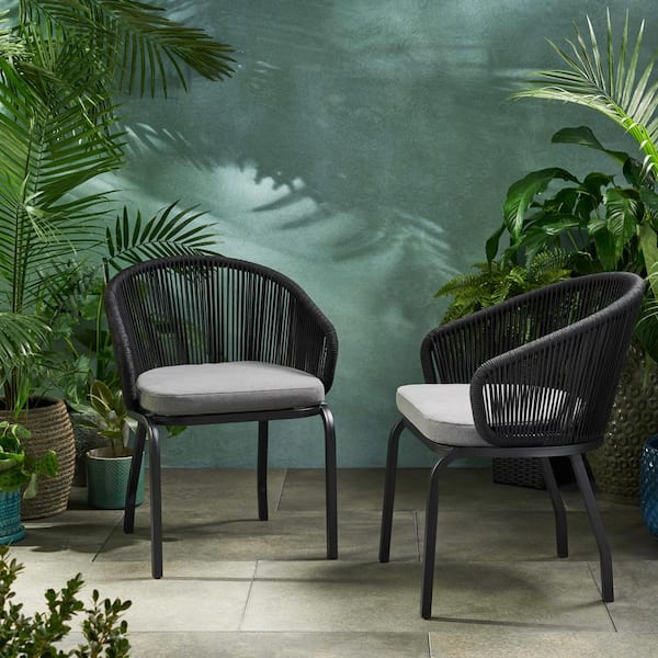 Noble House Boynton Black Removable Cushions Metal Outdoor Patio Lounge Chairs with Grey Cushions (2-Pack)