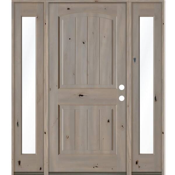 Krosswood Doors 58 in. x 80 in. Rustic knotty alder Sidelite 2 Panel Left-Hand/Inswing Clear Glass Grey Stain Wood Prehung Front Door