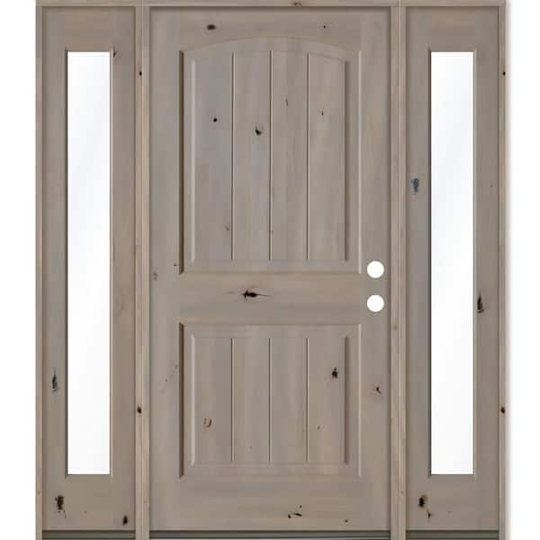 Krosswood Doors 70 in. x 80 in. Rustic knotty alder Sidelite 2 Panel Left-Hand/Inswing Clear Glass Grey Stain Wood Prehung Front Door