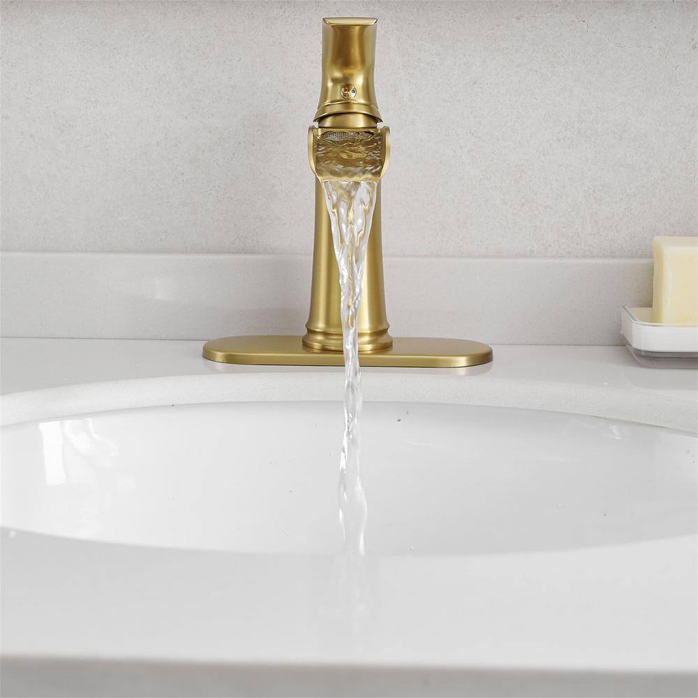 Brushed Gold Brass Waterfall Bathroom Faucet with Pop-Up Drain