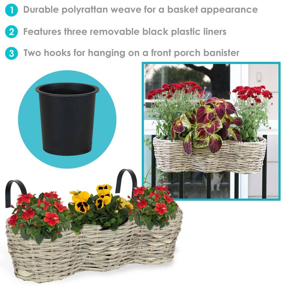 Frost Polyrattan Over-the-Rail Tri-Planter with Black Liners