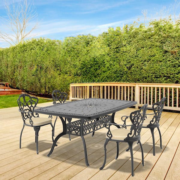 Willit Lily Black 5-Piece Cast Aluminum Outdoor Dining Set with Rectangle Table and Dining Chairs with Random Color Cushion