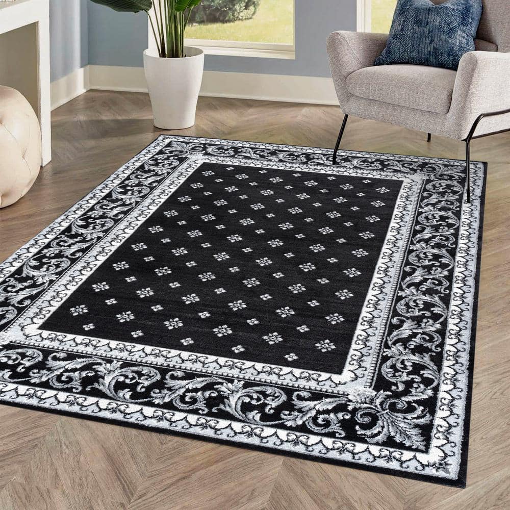 Black and Gray Synthetic Round French Border Area Rug