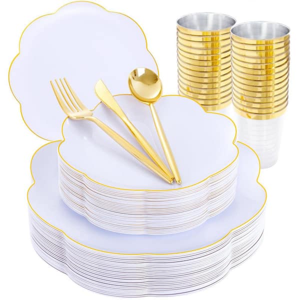180-Piece White and Gold Plastic Plates and Silverware Set for 30 Guests